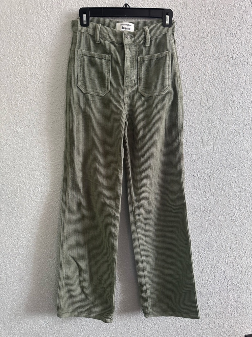 Reformation Alyssa High Rise Wide Leg Green Corduroy Patch Pocket Pants Size 25